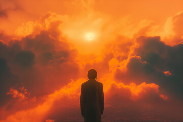 Obraz premium The silhouette of a person is set against the stunning, fiery colors of the sunset, creating a magical view. Generative AI