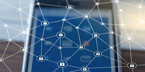 Digital network graphic overlaying a smartphone, symbolizing connectivity and cybersecurity.