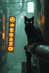 Mystical feline guardian amidst neon-lit urban landscape with a captivating gaze