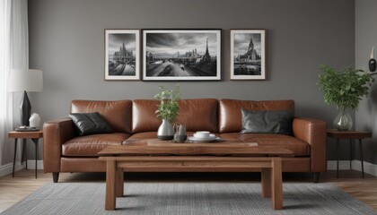 Elegant brown leather couch, wooden dining table, black & white photos adorn grey wall , room, light