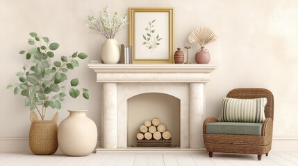 Vintage interior room focused on a detailed fireplace with rustic decor and soft tones, perfectly isolated on white.