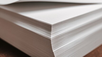 Stack of blank white paper sheets. Close-up view of crisp, clean paper
