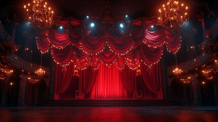 Grand Theater Stage: A majestic stage, draped in rich red velvet curtains, awaits the spotlight. Crystal chandeliers cast a warm glow, setting the scene for an unforgettable performance. 
