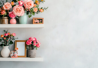 Shelf with pink roses, photo frames, and small vases creates charming and inviting atmosphere. arrangement showcases vibrant colors and delicate
