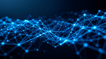 Abstract interconnected network lines forming a digital structure in blue tones on dark background, representing technology and connectivity. 3D Rendering