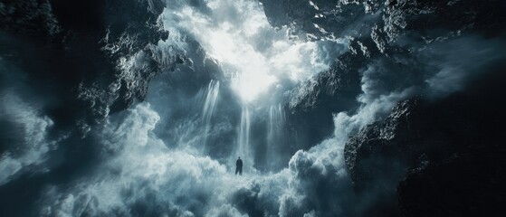 Fototapeta premium A solitary figure stands amidst a vast, ethereal cavern filled with swirling clouds