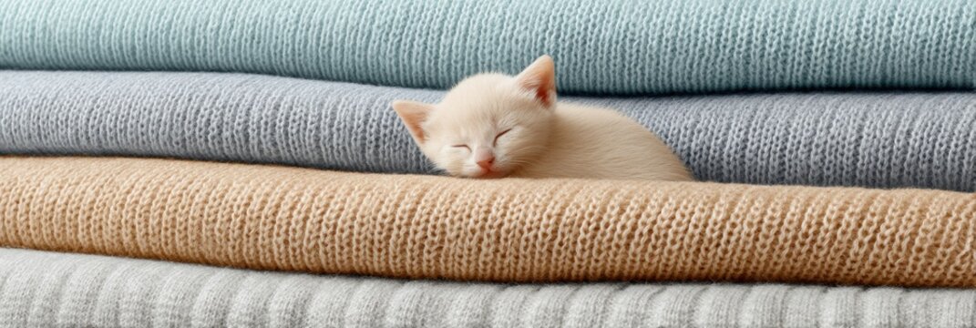 Tranquil Winter Wellness Adorable Kitten Nestled in Soft Knit Textures for National Stop Snoring Week - Cozy Comfort and Mindful Rest Solutions - Powered by Adobe
