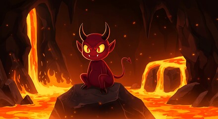Small Devil Sitting by Lava Flow in a Dark Cave