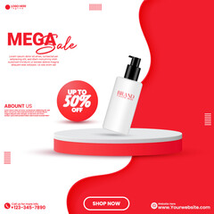 Product showcase design template. 3D minimalist social media cosmetics product sale promotional poster design vector. Social media ads. Empty studio backdrop background design with cosmetics product. 