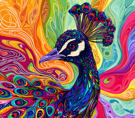 Fototapeta premium an abstract drawing of a peacock with colorful lines, precisionist lines, light red and indigo, colorful turbulence with mixed pattern colorful background