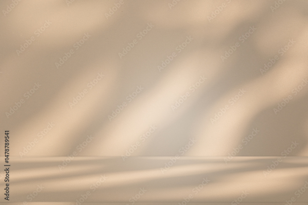 Aufkleber Studio style background wall decoration presentation uses white and beige tones. with shadows cast from a nearby window, concept creating a decorative backdrop.	