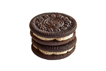 Chocolate sandwich cookies with speckled cream layers, stacked vertically with rich texture, tasty dessert icon, isolated on a transparent background