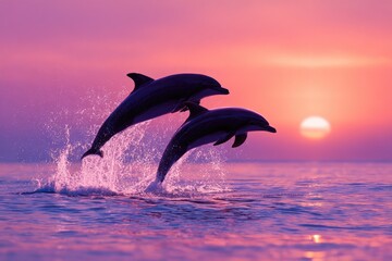 Obraz premium Two dolphins leap gracefully from the ocean at sunset, silhouetted against a vibrant sky painted in shades of pink, purple, and orange.