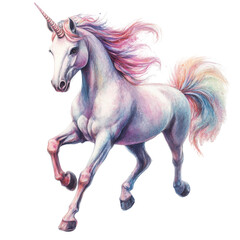 Majestic unicorn with a flowing mane, prancing gracefully through a vibrant fantasy landscape, embodying enchantment and whimsy. on transparent background