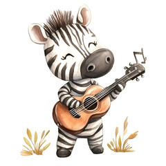 Fototapeta premium Adorable zebra playing guitar cute watercolor style whimsical environment charming perspective kawaii concept