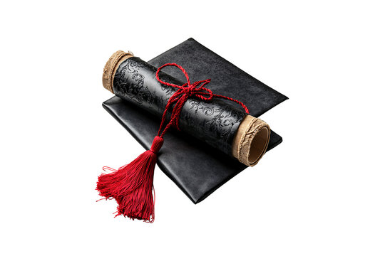 Elegant rolled diploma tied with red cord and tassel, resting on black textured folder, isolated on a transparent background