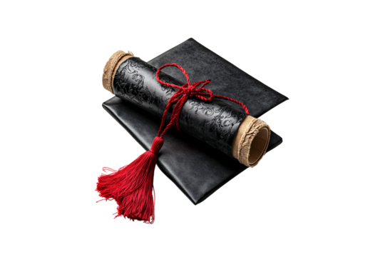 Elegant rolled diploma tied with red cord and tassel, resting on black textured folder, isolated on a transparent background