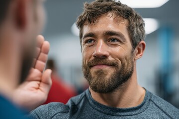 Fototapeta premium Confident young man smiling and engaging in conversation in a modern gym environment