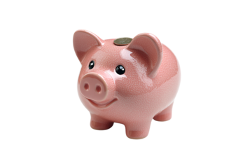 Glossy pink piggy bank with coin inserted on top, happy face and rounded body, isolated on a transparent background