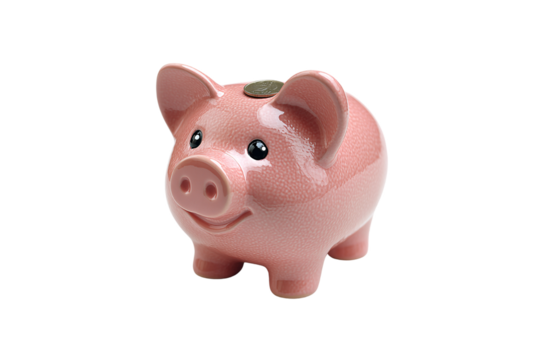 Glossy pink piggy bank with coin inserted on top, happy face and rounded body, isolated on a transparent background