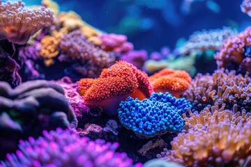 Fototapeta premium Vibrant coral reef teeming with life. Colorful corals, various shapes and sizes, in a large aquarium
