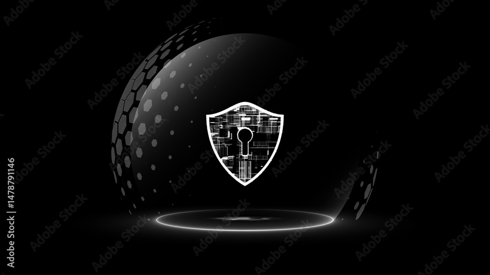 Poster digital spherical shield with hexagon pattern and energy field surface, representing cybersecurity, 
