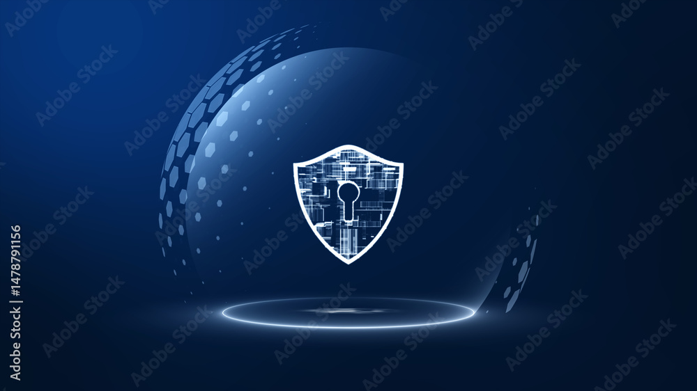 Poster digital spherical shield with hexagon pattern and energy field surface, representing cybersecurity, 