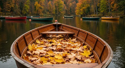 Obraz premium Autumn serenity wooden rowboat filled with golden fallen leaves on a tranquil lake surrounded by colorful fall foliage providing a peaceful scene