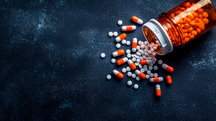 Cinematic photograph of pills spilling out from orange bottle, creating vibrant contrast against dark background, evoking sense of urgency
