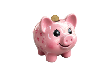Shiny pink piggy bank with floral patterns and big eyes, coin slot with coin, isolated on a transparent background