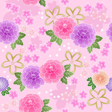 Pink cute seamless Japanese pattern vector data Sakura and Peony