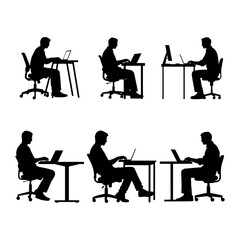 Office Work Silhouette Collection of Men at Desks Using Laptops and Computers