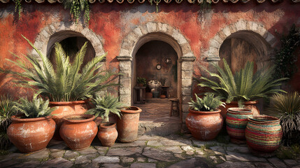 Mediterranean courtyard scene featuring terracotta pots, lush greenery, and arched entryways; rustic, sun-drenched ambiance.