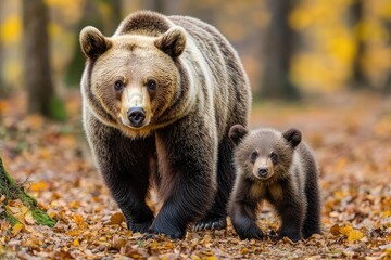 Fototapeta premium Brown bear mother and cub amidst autumn foliage.