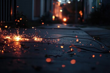 Sparks fly from a metal connection on a city sidewalk at night