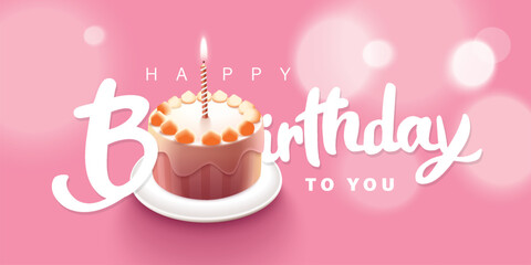 Happy Birthday celebration typography design with 3d birthday cake for greeting card, poster or banner. Vector illustration