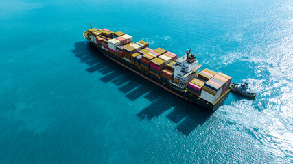 Aerial view of the freight shipping transport system cargo ship container. international...