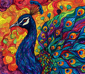 Fototapeta premium an abstract drawing of a peacock with colorful lines, precisionist lines, light red and indigo, colorful turbulence with mixed pattern colorful background