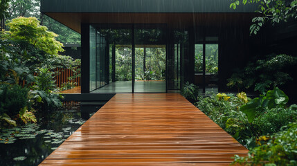 Fototapeta premium A wooden walkway leading to the entrance of an indoor garden in Thailand, rain falling on it, plants and trees lining both sides of the walking path