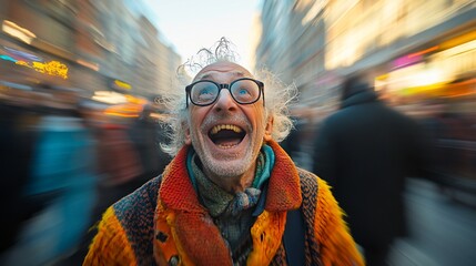 Elderly man experiencing the vibrancy of city life with joyful expression