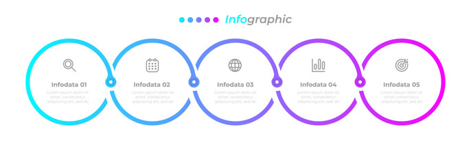 Vector timeline with 5 part infographic design with marketing icons and gradient colors.