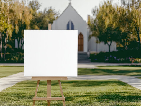 Blank canvas wooden easel outdoor green grass church trees sunlight peaceful atmosphere