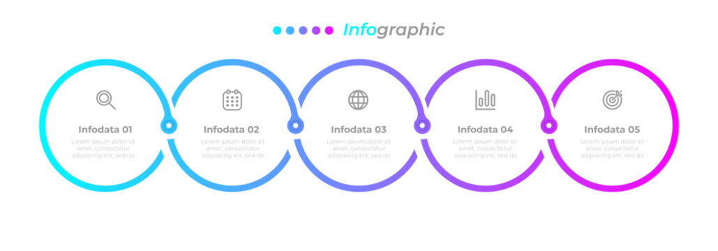 Vector timeline with 5 part infographic design with marketing icons and gradient colors.