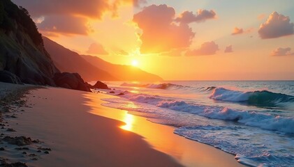 Golden sunset over a pristine California beach, waves gently lapping the shore , water, travel