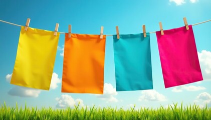 Brightly colored sale banners hanging on a clothesline, fluttering in the breeze , outdoor banners, advertising signage