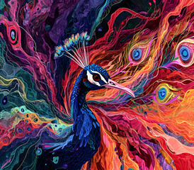 an abstract drawing of a peacock with colorful lines, precisionist lines, light red and indigo, colorful turbulence with mixed pattern colorful background