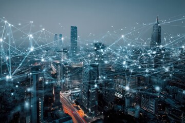 Fototapeta premium City of the future visualized with glowing AI nodes interconnected across advanced technological systems.