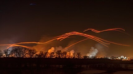 Nighttime artillery barrage over a winter landscape.