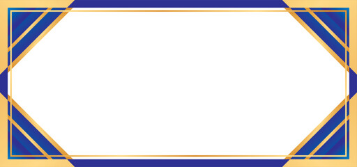 Blue and gold frame design with abstract blue ribbon element on a blank background