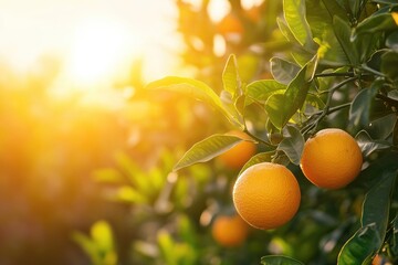 Ripe oranges hanging from branches of citrus trees in an orchard at sunset
